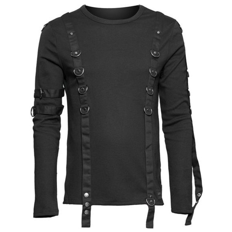 Men Gothic Shirt D-Ring Straps Long Sleeve Shirt Black Cotton Shirt